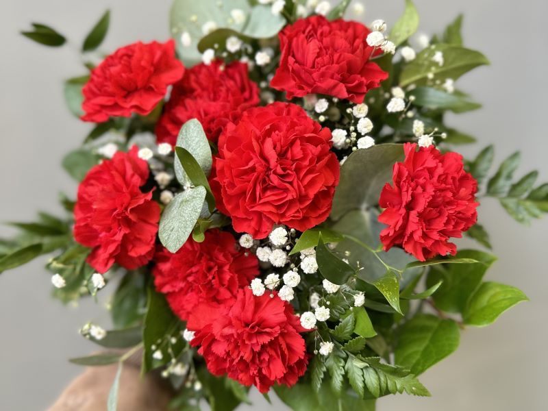 Kukkakimppu, jossa on punaista neilikkaa ja valkoista harsokukkaa.