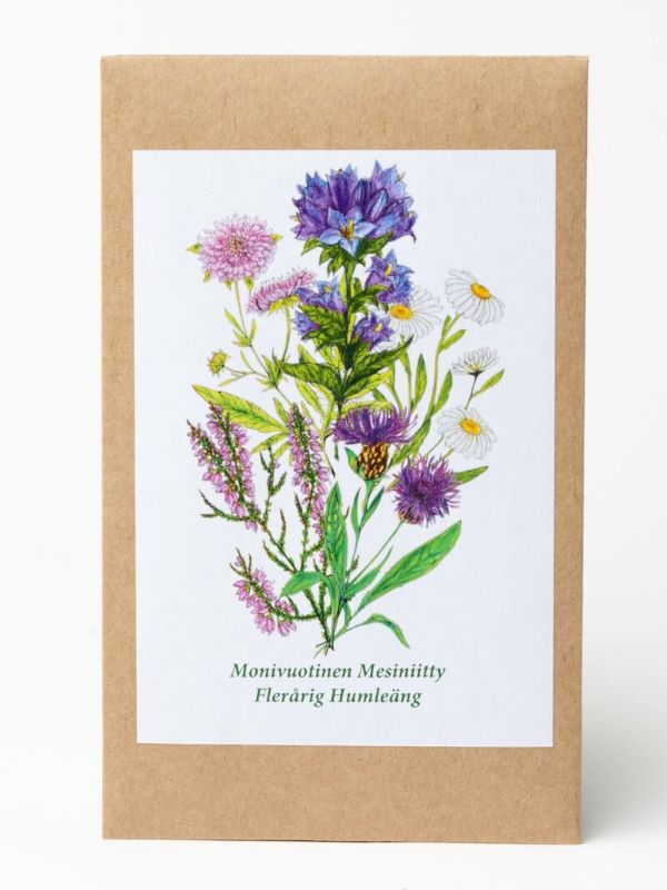 Niittykukkien siemenseospakkaus, jonka kuvassa on sinisiä, violetteja ja valkoisia kukkia. Siemenistä kasvaa monivuotinen mesiniitty.